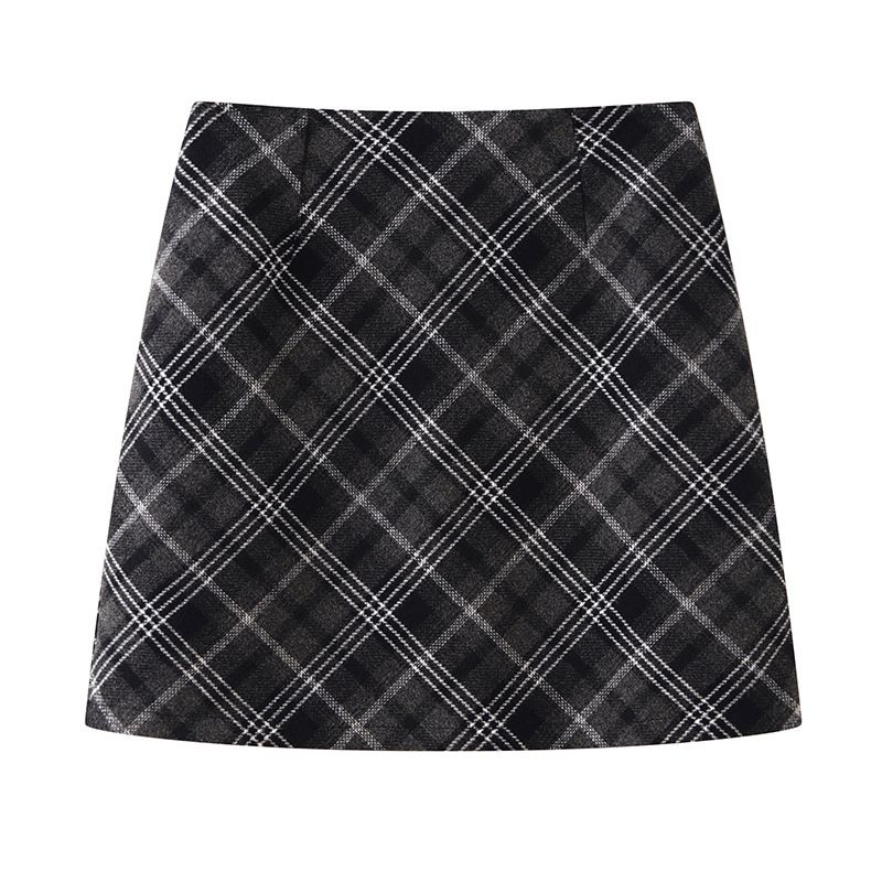 GraceChic 2024 Nuova gonna midi in lana spessa a quadri retrò per donna, invernale, snellente, a trapezio, versatile e aderente_voghion.com