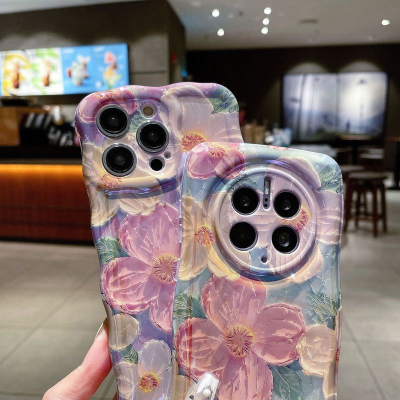 Premium Blue Light Camellia Oil Painting IPhone Case For IPhone 13/14/15/16 Pro Max/Plus – Anti-Slip TPU Protective Cover With Adjustable Strap_voghion.com