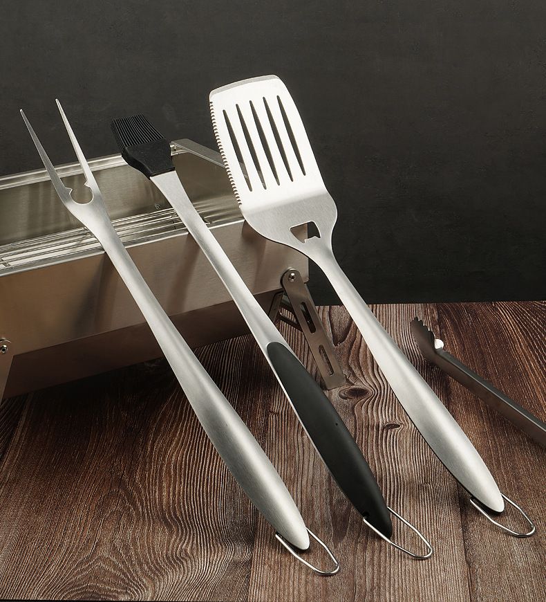 Set per barbecue da esterno, 5 pezzi, utensili per barbecue, forchetta, pala, clip, spazzola per la pulizia, utensili per barbecue in acciaio inossidabile._voghion.com