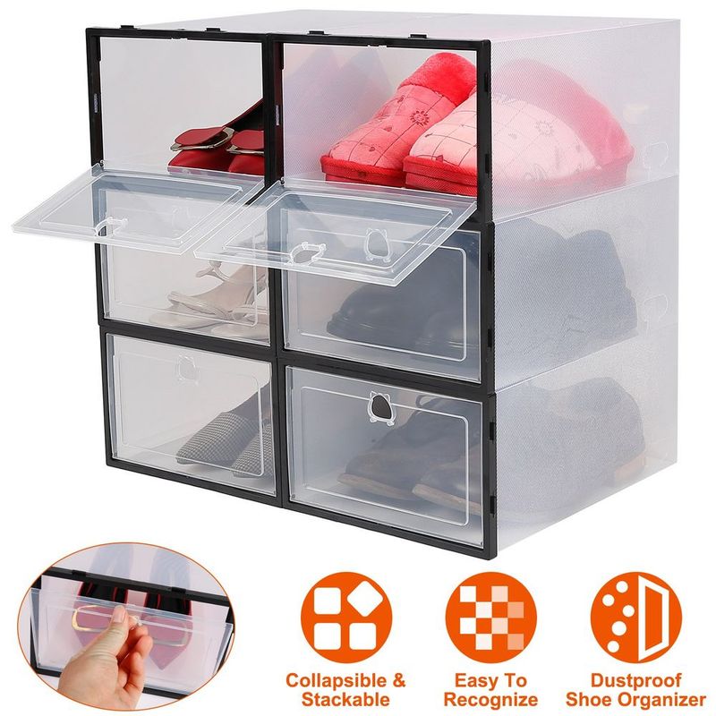 6Pcs Collapsible Shoe Box Stackable Shoe Storage Bin Transparent Dustproof PP Shoe Organizer Container_voghion.com