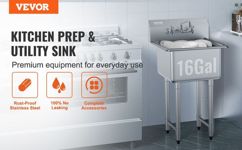 VEVOR Stainless Steel Prep & Utility Sink, 1 Compartment Free Standing Small Sink Include Faucet & Legs, 21"x41" Commercial Single Bowl Sinks For Garage, Restaurant, Kitchen, Laundry, NSF Certified_voghion.com