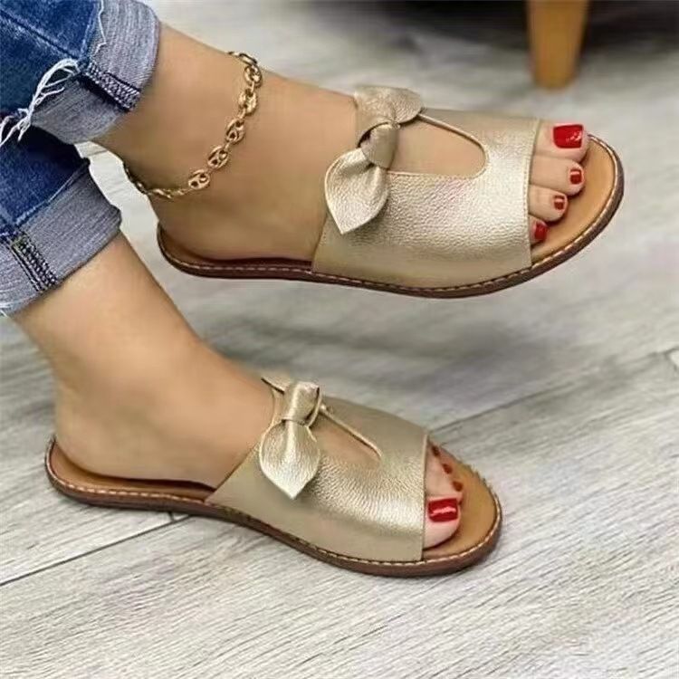 New Summer Women's With Bow Decoration Wide Strip Slippers Solid Color Large Flat Sandals_voghion.com