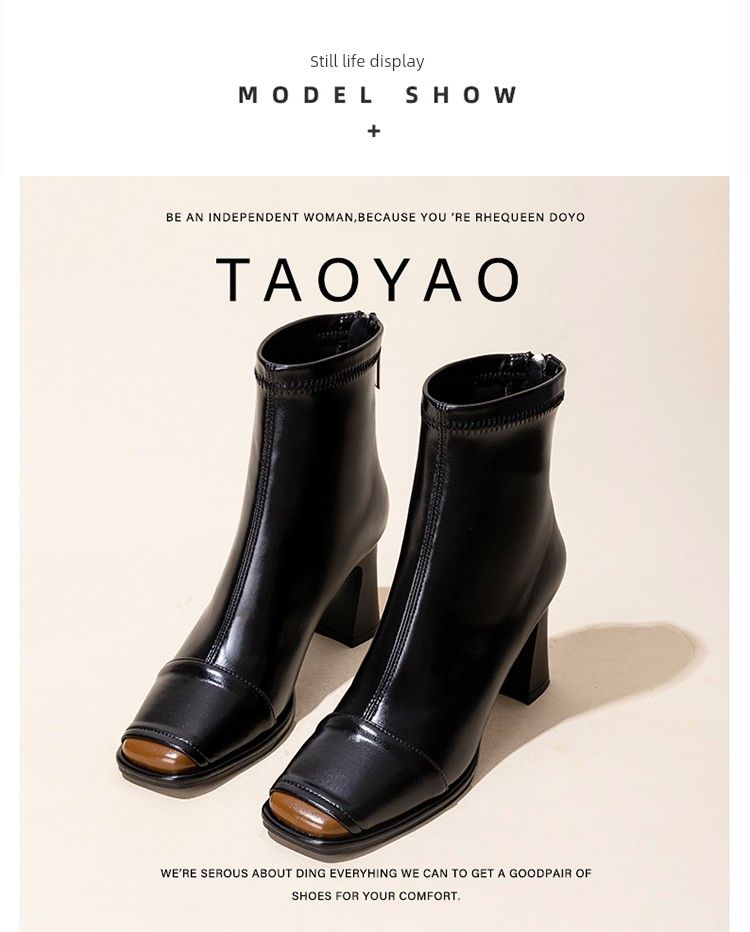 Genuine Leather Black Short For Women 2024 New Arrival Fall And Winter Small Ankle Square Toe Chunky High Heel Thin_voghion.com