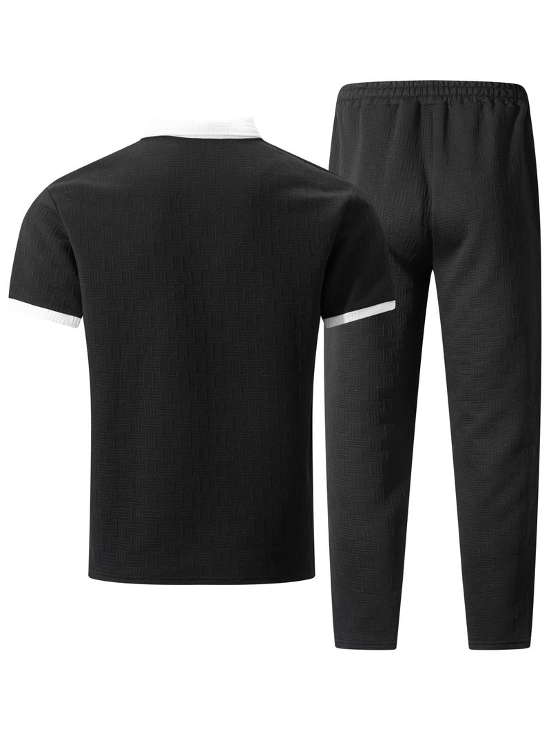 Roupas masculinas com lapela jacquard, camisa de manga curta combinando com a cor, calças, terno esportivo casual_voghion.com