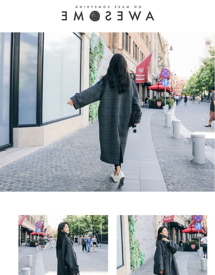 Checkered Women's Long Version Loose 2024 Winter New Item Student Knee High Chic Woolen Coat_voghion.com