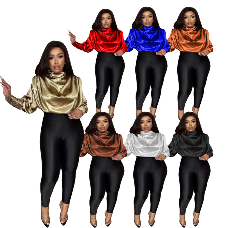 Women's woven tops fashion loose high collar long sleeves slim short tops _voghion.com