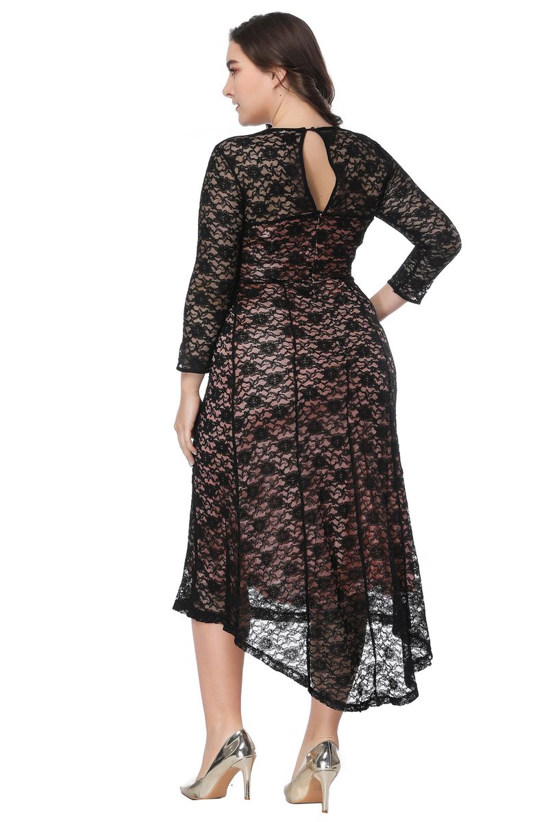 Abito da sera primaverile e autunnale, davanti, lungo dietro, vita alta, taglie forti, manica corta, abito in pizzo SQ0088, alla moda e_voghion.com