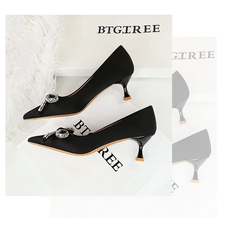 1961-H61 Wind Light Luxury Water Diamond Bow Tip Fine Middle Silk Wine Glass Heel Women's Single Shoe_voghion.com
