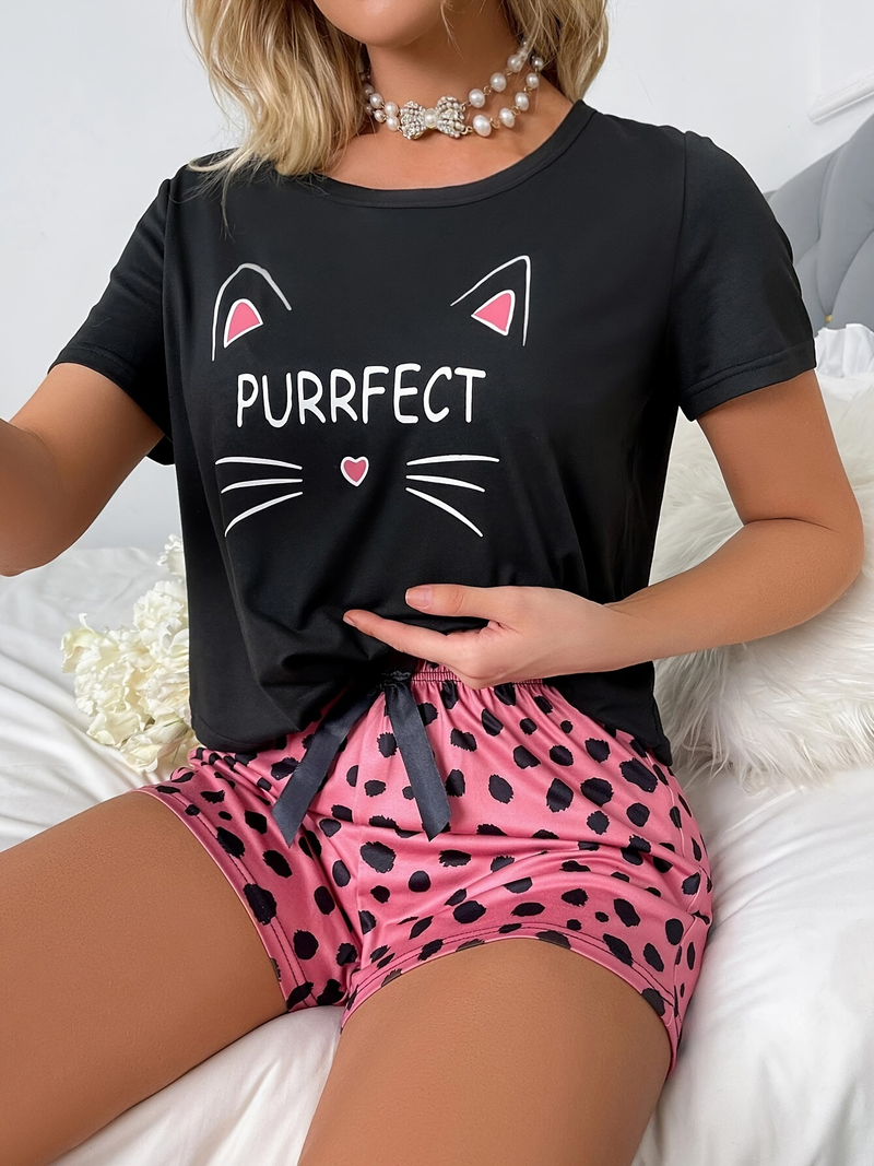 Conjunto de pijama de dos piezas para mujer de verano, camiseta estampada bonita, pantalones cortos, pijama para usar en casa_voghion.com