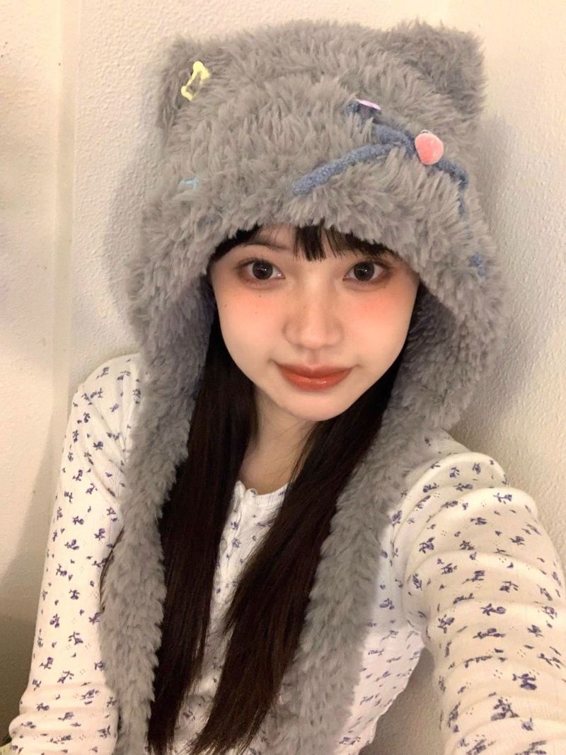 Homemade Autumn And Winter Atmosphere Sticker, Cute Plush Teddy Bear, Internet Famous Bow, Warm Ear Protection Hat,_voghion.com