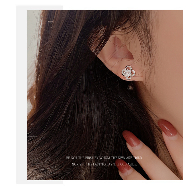 Sier needle four leaf clover wer shaped fashionable temperament micro dia elegant female earrings_voghion.com