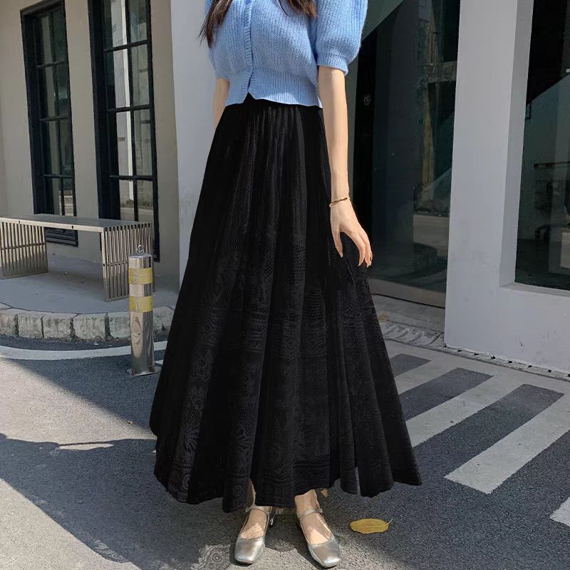 Elegante gonna midi in pizzo con ricamo floreale, gonna fluida a trapezio con orlo a strati in chiffon, perfetta per il guardaroba primaverile-estivo (nero/bianco/beige)_voghion.com