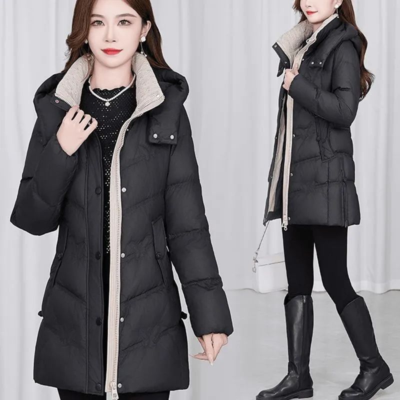 Piumino da donna di alta qualità, di media lunghezza, invernale 2025, nuovo, alla moda, elegante, spesso, caldo, con cappuccio in cotone_voghion.com