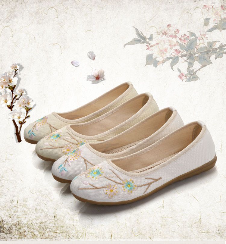 Damenschuhe Alte Peking-Stoffschuhe Kuhsehne Atmungsaktive Baumwolle und Leinen Flache bestickte Damenschuhe Rutschfeste Einzelschuhe Retro-Schuhe_voghion.com