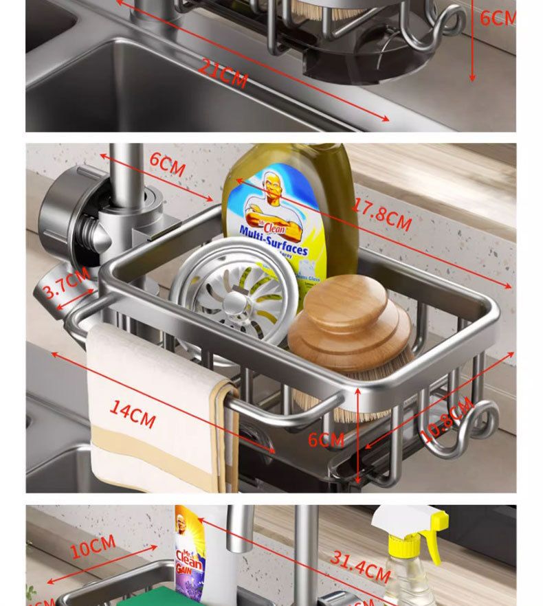 Labelable Kitchen Faucet Storage Rack Space Aluminum No-Drill With Drain Tray Organizer_voghion.com