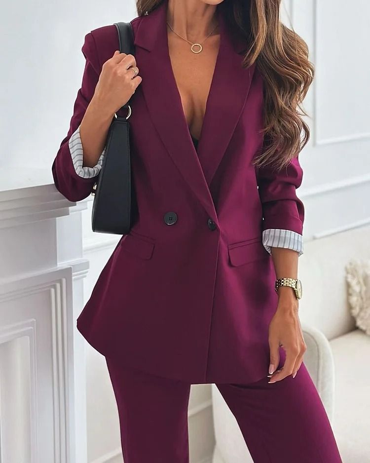 Women's Clothing Suit Lapel Casual Commuting Solid Color Two Piece Suit_voghion.com