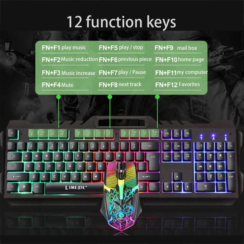 Set Mouse Gaming Tastatură T Tastatură mecanică cu fir Cu LED USB Gaming Mouse Iluminare din spate Tasta impermeabilă_voghion.com