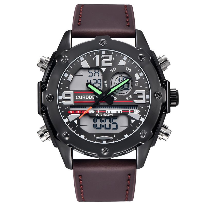 Men's Sport Digital Analog Watch With Multifunction Display, PU Strap, LED Backlight, GMT, Alarm, And Date_voghion.com