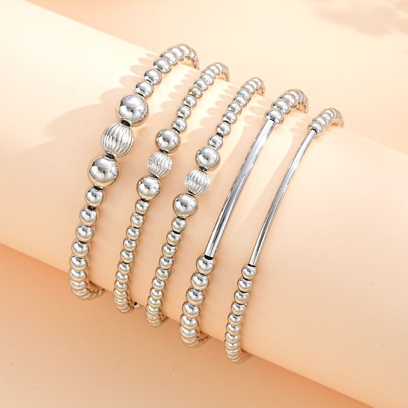 Bracelets Elastic Alloy CCB Round Bead Bracelet 4 Piece Set, Silver Fashion Multi Layer Stackable Jewelry Set_voghion.com