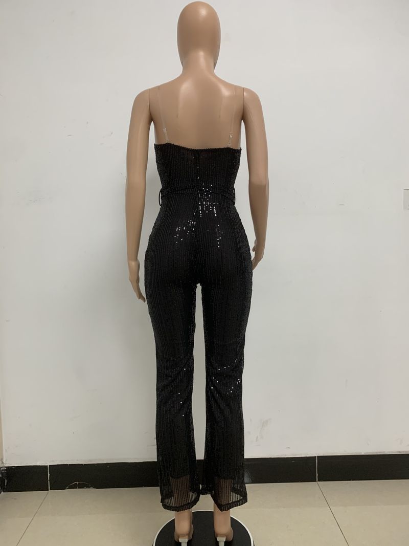 Dametøj Ærmeløs pailletterbæltejumpsuit ensfarvet tubetop rygløs jumpsuit_voghion.com