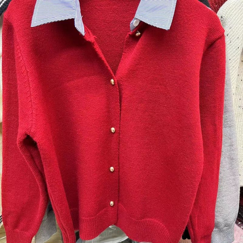 Women's Fake Two-Piece Knit Cardigan – Korean Style Shirt Collar, Lightweight & Versatile For Spring & Summer_voghion.com