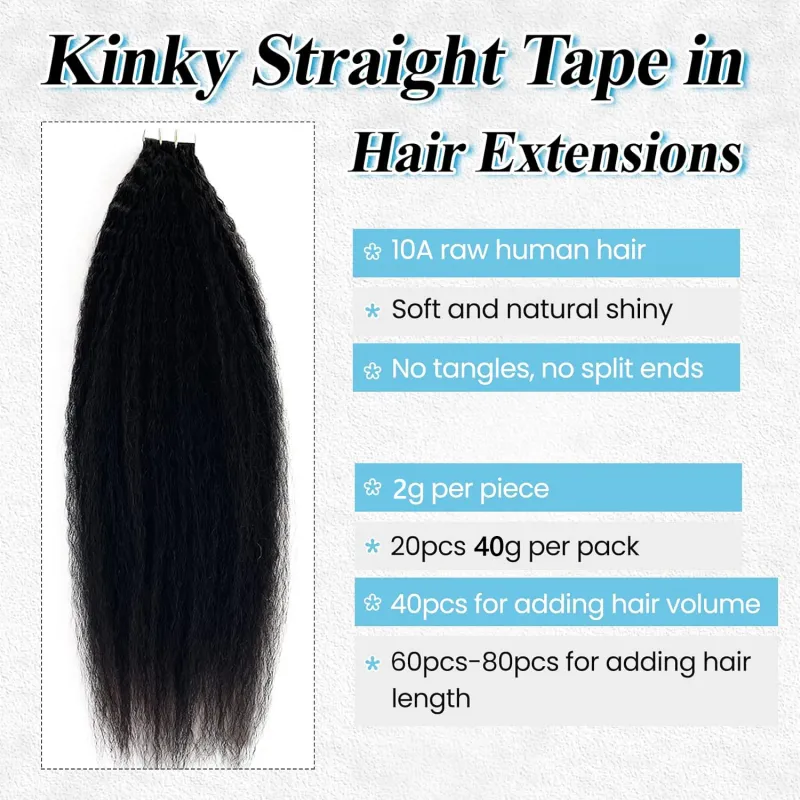 Kinky Straight Tape i Hair Extensions Naturlig sort menneskehår Hud Weft-klæbende tape_voghion.com