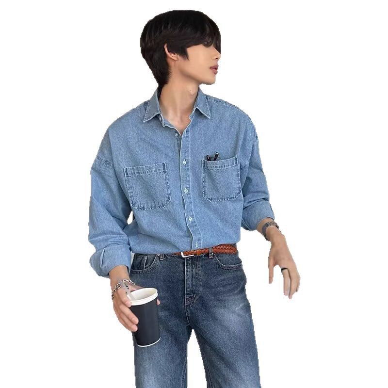 Giacca da uomo in denim alla moda in stile coreano primavera autunno 2025, a maniche lunghe, ampia e versatile, casual_voghion.com