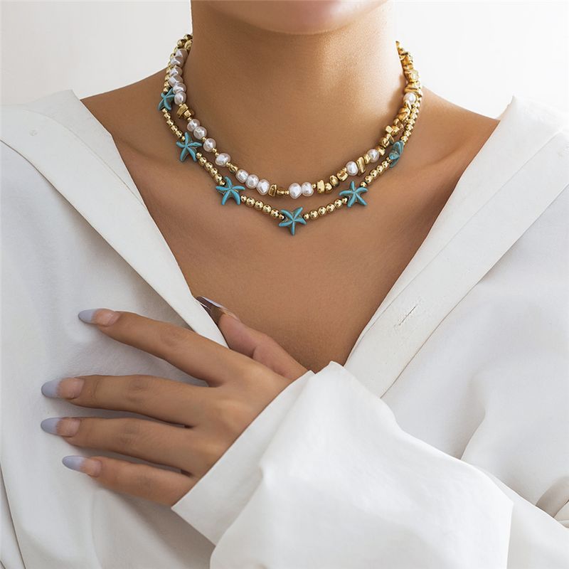 2 stk/sæt Boho Ocean Blue Starfish Star Perlekæde Halskæde til Kvinder Kpop Perle Choker Æstetisk Strand Y2K_voghion.com