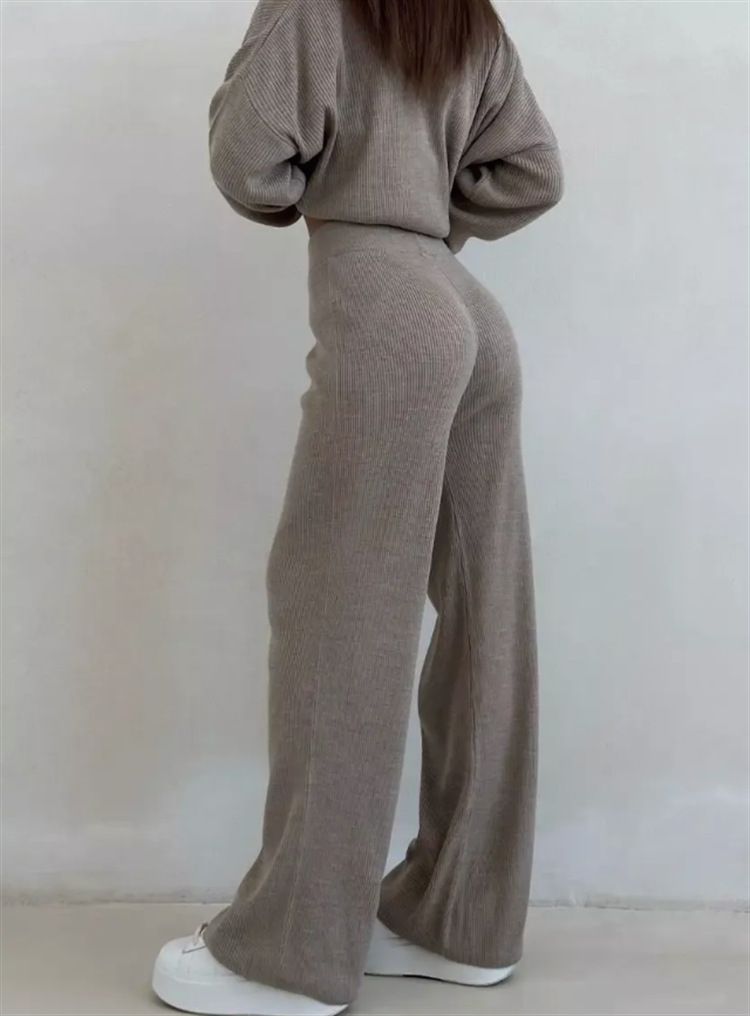 Completo con maglione a V a contrasto e pantaloni a gamba larga – Completo coordinato in maglia oversize da donna (4 taglie, 3 tonalità neutre)_voghion.com