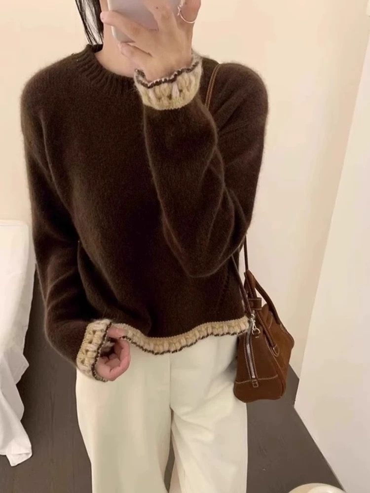 2025 Winter Lace 100% Merino Wool For Women High-End Short New Red Zodiac Year Base Sweater_voghion.com