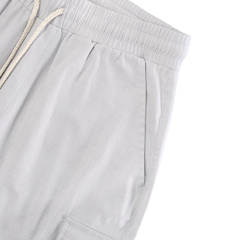 Pantaloncini da uomo in lino, pantaloncini cargo tinta unita con elastico in vita, tasche per viaggi e tempo libero, pantaloncini da spiaggia a gamba larga per l'estate_voghion.com