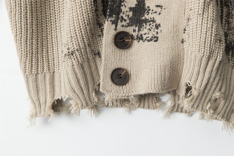 Gothic Tie-Dye Knit Cardigan – Unisex Distressed Open-Front Coat, Stand Collar & Drop-Shoulder Design, Grunge Streetwear Staple (Ashy Grey/Khaki)_voghion.com