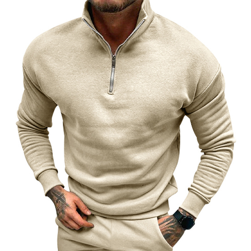 autumn and winter men's casual plus velvet solid color long-sleeved half-zipper POLO stand-up collar top men_voghion.com