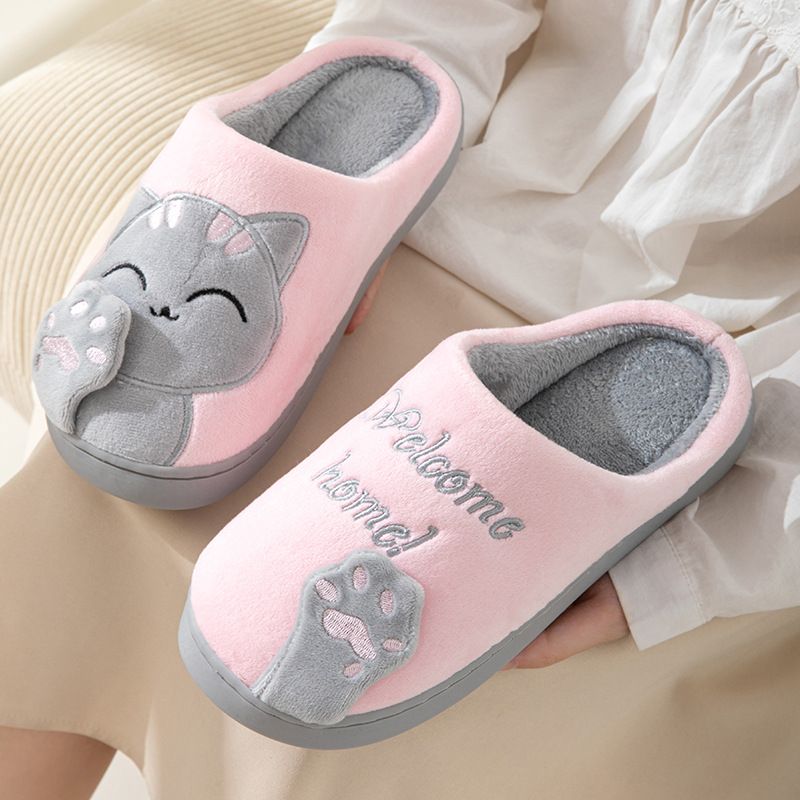 Comode pantofole in cotone felpato per uomo e donna, pantofole da casa antiscivolo con grazioso design a forma di gatto portafortuna, calde e confortevoli per inverno, autunno e primavera._voghion.com