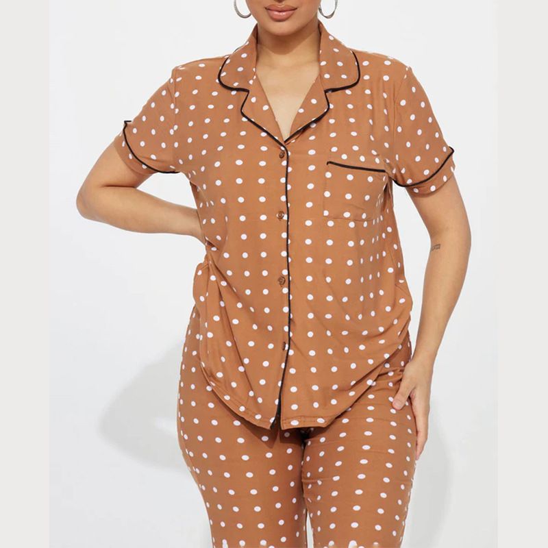 Women's Clothing Home Comfortable Printed Front Open Lapel Short Sleeved Trousers Suit_voghion.com