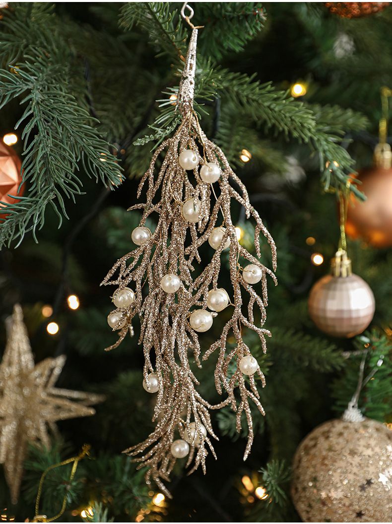 Ornements de Noël en forme de feuille de pin en plastique orné de perles couleur champagne doré – Décoration élégante et irrégulière à suspendre pour décorer votre sapin et votre intérieur pendant les fêtes._voghion.com
