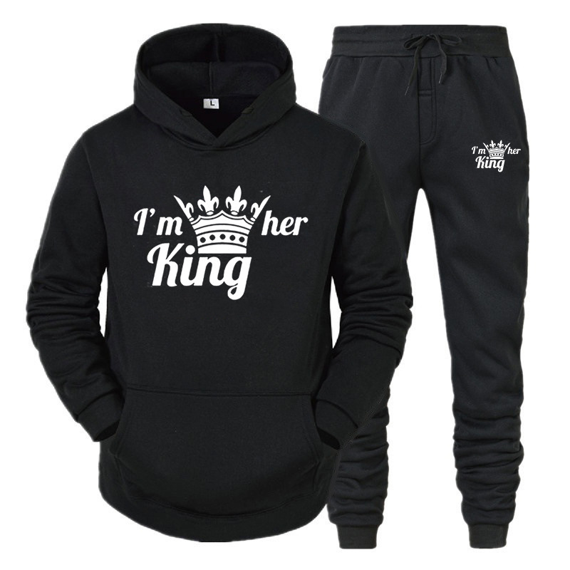 Set da donna con cappuccio KING QUEEN per coppie maschili e femminili, tuta sportiva casual, set di due pezzi_voghion.com