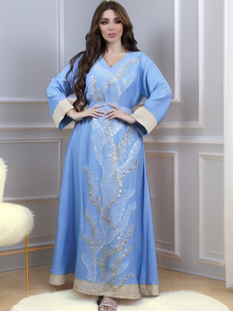 Kuldse litritega võrkkangast abaya tikitud kleit keerukate õmblustega_voghion.com