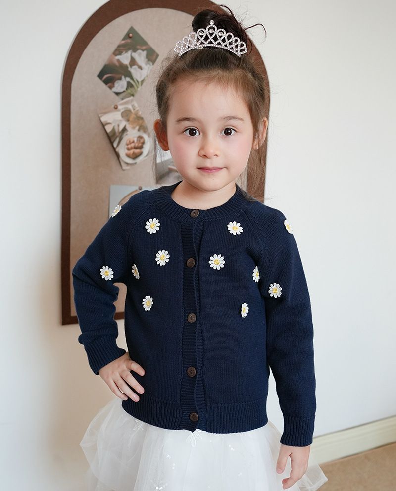 Mutter & Kinder – Handgefertigter bestickter Kinder-Cardigan aus weicher Baumwolle, Strickpullover für Mädchen (3–8 Jahre) – Rundhalsausschnitt, lange Ärmel, Blumenmuster_voghion.com