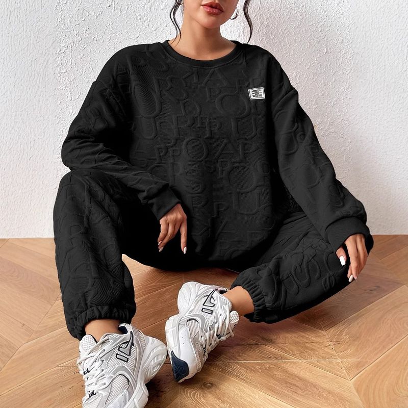 Ensemble sweat-shirt à manches longues et pantalon à col rond de couleur unie pour automne et hiver, style décontracté français avec lettres_voghion.com