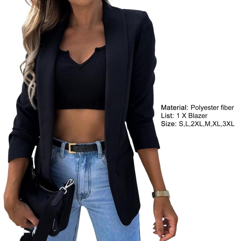 Fashion 2022 Blazer Woman Jacket Flap Pockets Solid Color Suit Jacket Office Work Lapel Open Front Cardigan Blazer_voghion.com