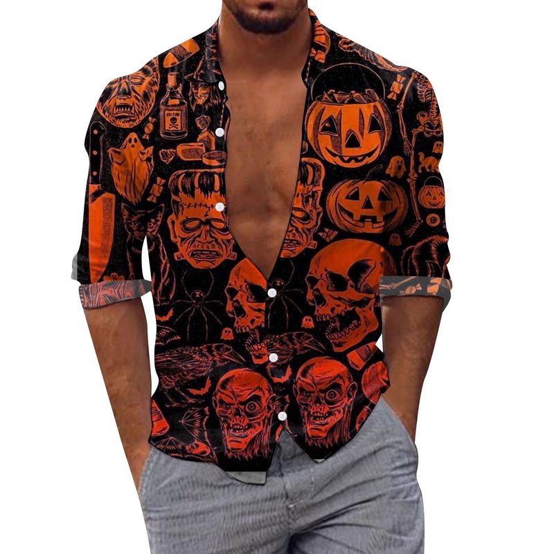 camicia da spiaggia ampia con stampa floreale 3D da uomo a maniche lunghe per Halloween_voghion.com