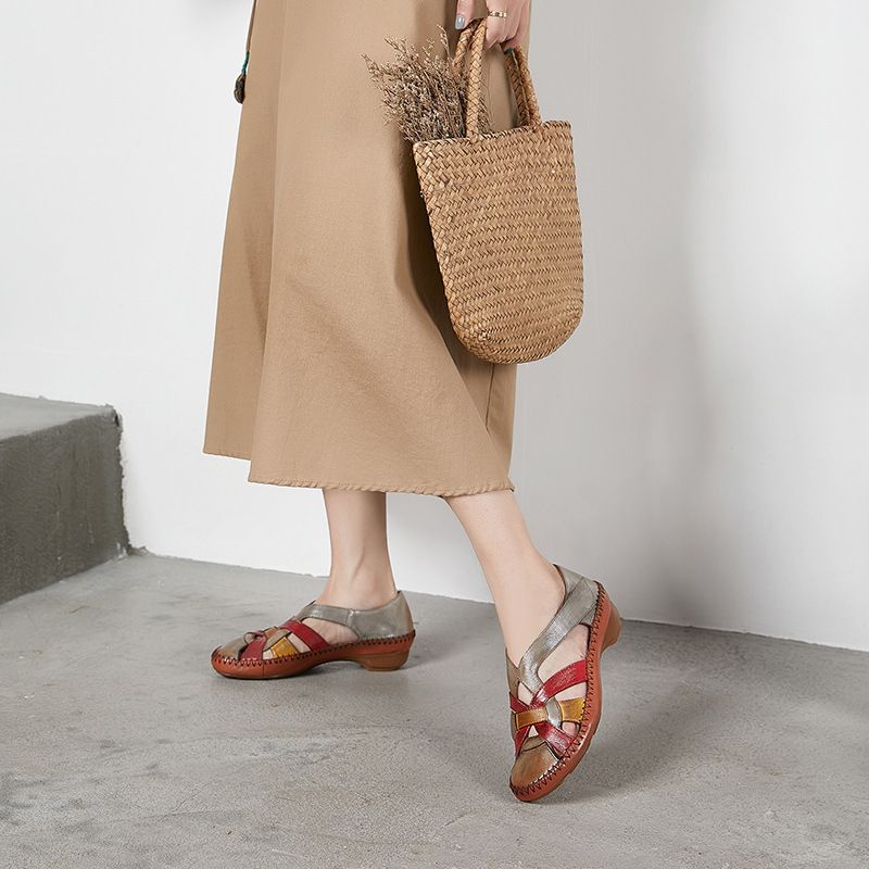 Echtledersandalen für Damen, neue Römerschuhe im Ethno-Stil mit Farbblock und geschlossener Zehenpartie, handpolierte Frühlingsschuhe für Damen_voghion.com