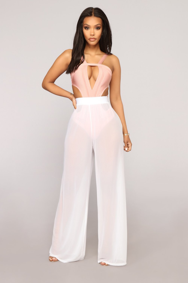 Pantaloni da donna a gamba larga trasparenti sexy in rete di colore puro_voghion.com