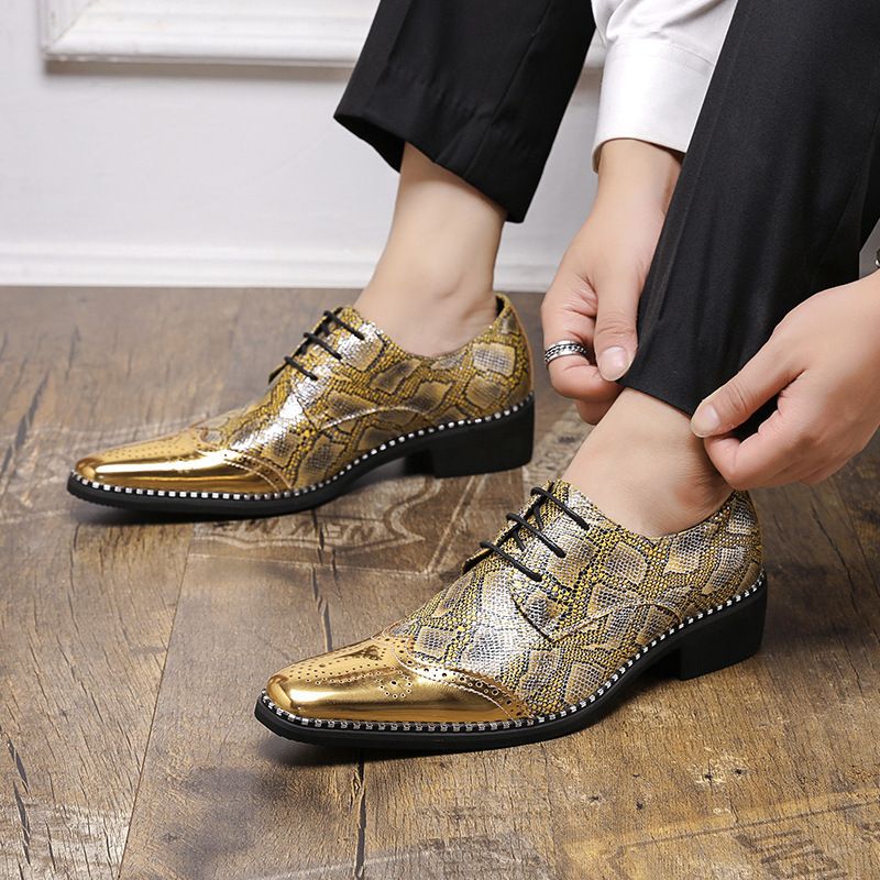 Cross-Border Gold Glossy Business Brogue European And American Fashion Large Size Lace-Up Derby Pointed Toe Small_voghion.com