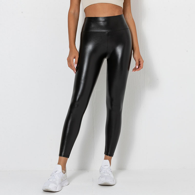 Style Yoga Glossy Leather Pants Patent Leather Nine-Point Pants Women's Small Leg Pants Stretch Slim Leather Pants_voghion.com