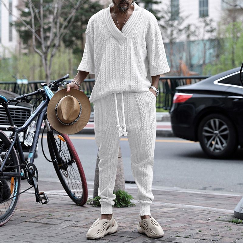 2023 Nuovo set da uomo casual e ampio con camicia e pantaloni lunghi in maglia jacquard a maniche a sette quarti_voghion.com