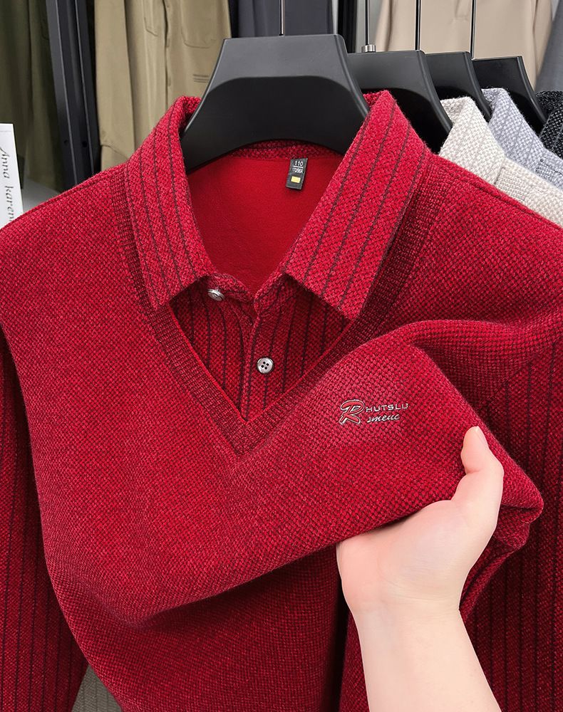 Men's Fake Two-Piece Turn-Down Collar Thickened Sweater Winter New Fleece-Lined Warm Middle-Aged Base Knitwear Top_voghion.com