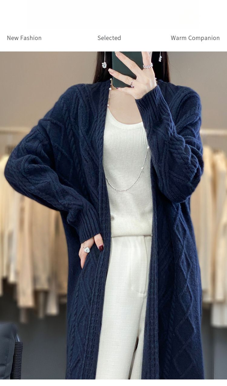 Cardigan lungo e largo in maglia di lana pesante e spessa, da donna, con scollo a V, autunno inverno_voghion.com