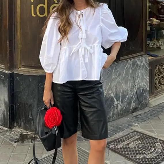 Camicia versatile con maniche a sbuffo, scollo rotondo e cinturino casual dolce da donna_voghion.com